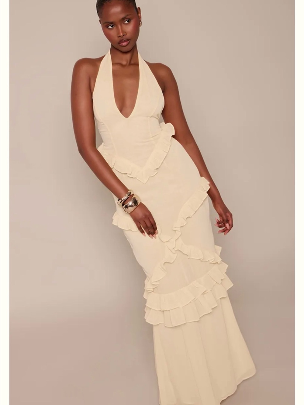 Cream Halter Ruffle Maxi Dress